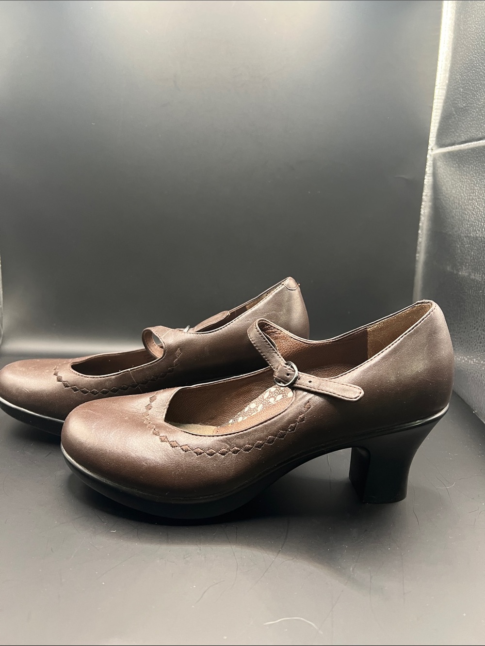 Dansko Dark Brown Mary Jane Heel Pumps with Scalloped Trim